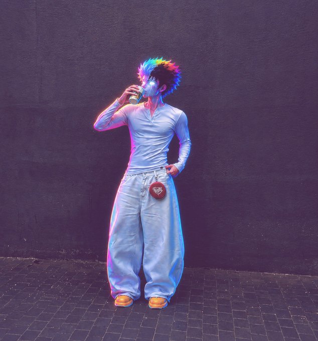 A person with vibrant rainbow-colored hair wearing a white long-sleeve top and loose light-colored pants, drinking from a cup against a dark wall illuminated with purple and blue lighting.