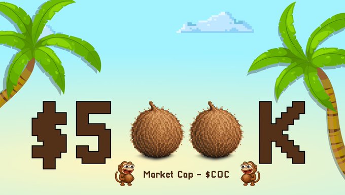 A beach scene with palm trees displays the text '$5', two coconuts, and a 'K', with 'Market Cap - $COC' written below between two small monkeys.