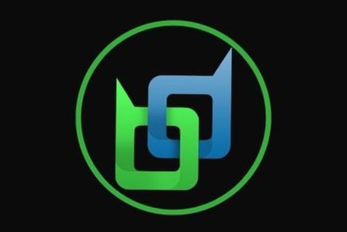 A circular logo with interlocking green and blue geometric shapes on a dark background, resembling a chain link design.