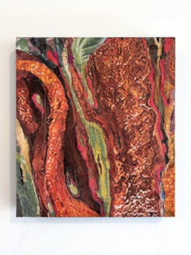 An abstract painting with thick textured brushstrokes in earthy tones of orange, brown, green, and red, displayed on a white wall.