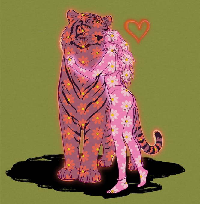 A colorful illustration depicts a woman in a pink floral bodysuit embracing a large tiger covered in orange flowers, with a small red heart floating nearby on an olive green background.