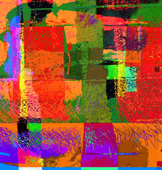 An abstract colorful digital artwork featuring a patchwork of vibrant red, orange, green, blue, and magenta blocks with scribbled line patterns.