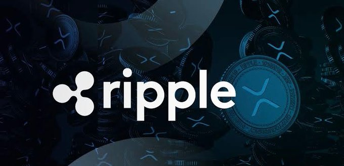 The Ripple logo is displayed in white text with its distinctive icon against a dark blue background featuring XRP cryptocurrency coins.