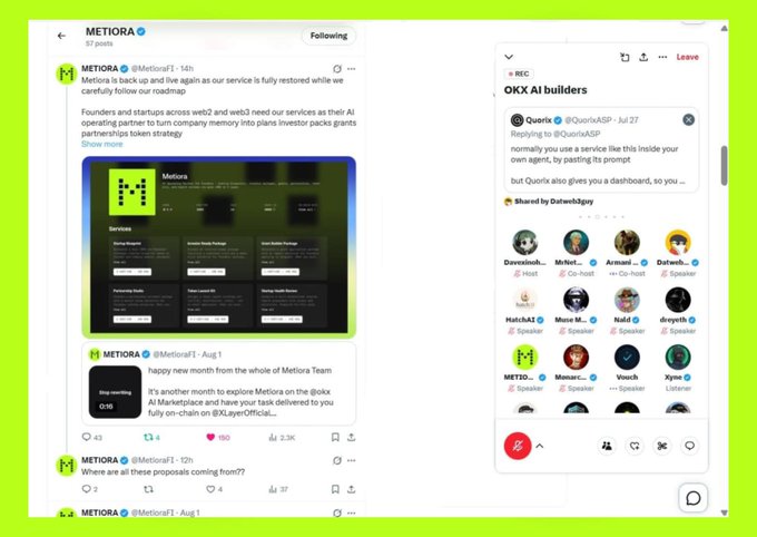 A screenshot of a Twitter/X profile page for METIORA (@MetioraFi), showing posts about their AI operating partner and an OKX AI builders community hosted by @QuorkaSP.