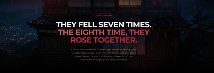 A scene from a game or animation titled 'THE STORY' featuring the quote 'THEY FELL SEVEN TIMES. THE EIGHTH TIME, THEY ROSE TOGETHER.' over a rainy village backdrop.