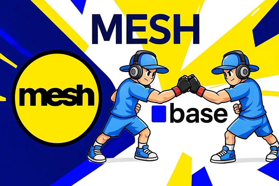 The image features two cartoon characters wearing headphones and standing next to each other with their arms around one another, symbolizing a handshake or embrace. The background of the image is blue and yellow, which appears to be part of an advertisement for Mesh and Base. The text "Mesh" and "Base" are written in white letters on the image, while the words "base" and "base" are also written in white letters below them.