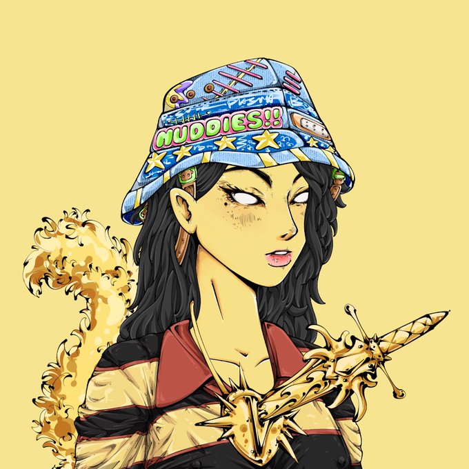 An anime-style illustration of a dark-haired woman wearing a blue bucket hat with 'NUODLES!!' written on it, holding an ornate golden sword against a pale yellow background.