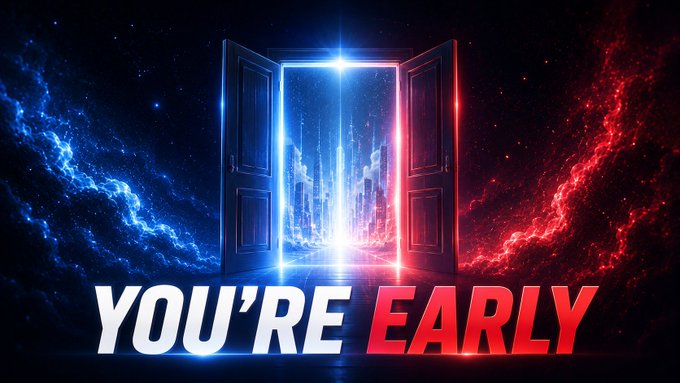 The image displays a red, blue, and black color scheme with a door and an open doorway. The text "you're early" written underneath the door suggests that this may be related to something related to gaming or digital assets. There are no visible people in the image, which further supports its connection to the gaming world.