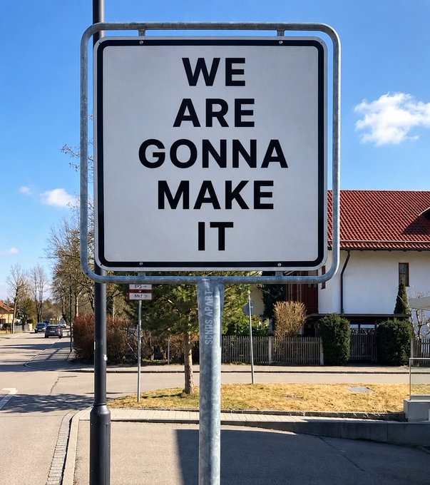 A black-and-white street sign displays the bold message "WE ARE GONNA MAKE IT," standing on a residential sidewalk with a red-roofed house in the background. The uplifting sign perfectly echoes the post's motivational weekend sentiment of staying on the right path.