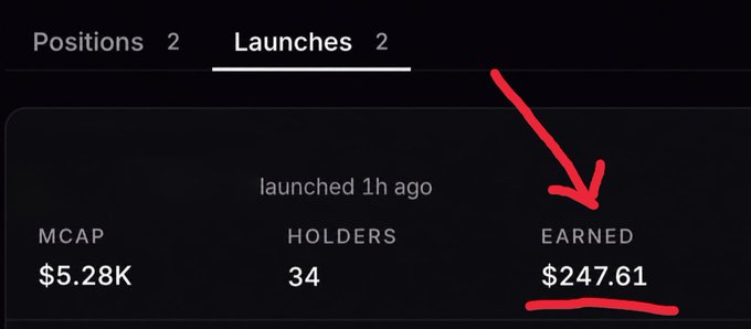 A dark screenshot shows crypto launch statistics with 'MCAP $5.28K', 'HOLDERS 34', and a hand-drawn red arrow pointing to 'EARNED $247.61'.