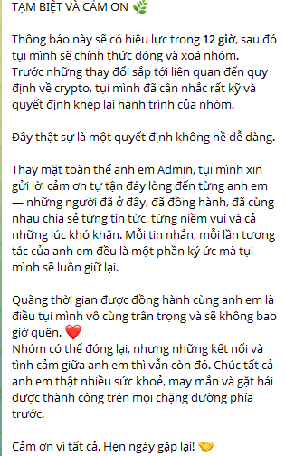 A Vietnamese message titled 'TẠM BIỆT VÀ CẢM ƠN' (Goodbye and Thank You) from an admin explaining their decision to stop managing a crypto project and reflecting on the team's journey.