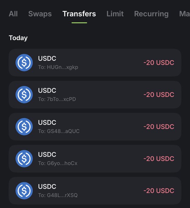 A "Transfers" tab on a crypto wallet app shows five outgoing transactions of -20 USDC each (totaling $100), being distributed as winnings to different recipients with shortened addresses like HUGn...xgkp and 7bTo...xcPD, aligning with the post about paying $100 to five winners via USDC transfers.