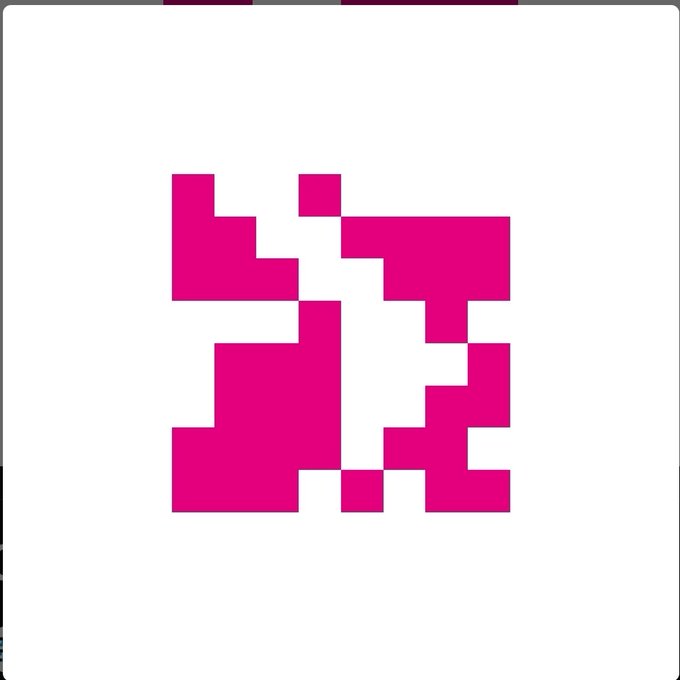 A pixelated magenta logo or icon on a white background, featuring blocky geometric shapes.