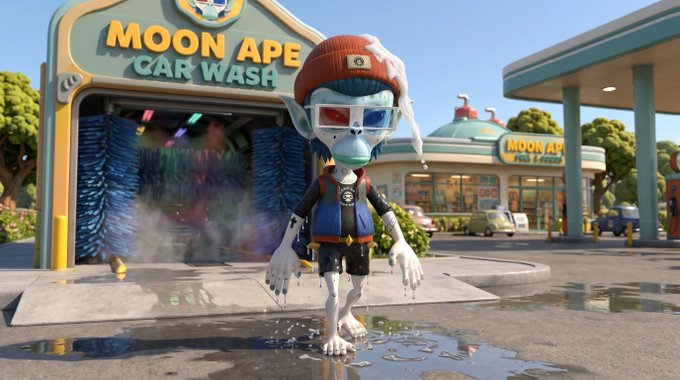 A 3D rendered image of a stylized zombie-like character wearing 3D glasses and a beanie, standing in front of a building labeled 'MOON APE CAR WASH' with colorful brush car wash elements.