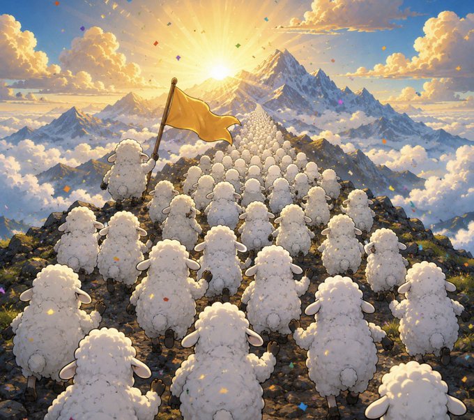 A flock of fluffy sheep climbs a mountain peak toward a glowing sun, with one sheep at the summit planting a yellow flag — a triumphant, on-brand visual for "$sheep coded bros" celebrating unity and meme-driven community spirit.