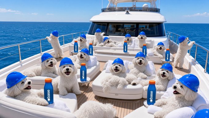 An AI-created image shows several white fluffy dogs wearing blue hard hats lounging on a yacht deck with blue 'base' water bottles.