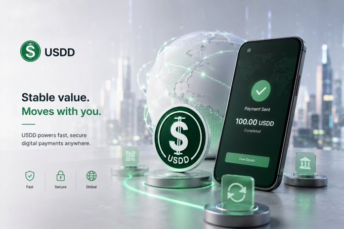 A promotional graphic for USDD cryptocurrency showing 'Stable value. Moves with you.' alongside a smartphone displaying a successful payment of '100.00 USDD' and a glowing globe.