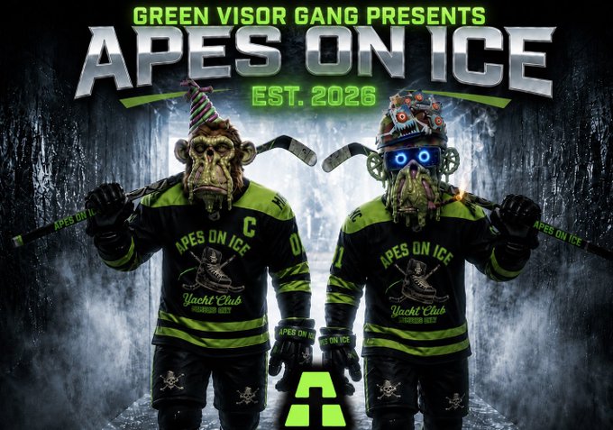 The image is a promotional graphic for "Apes on Ice," presented by Green Visor Gang (Est. 2026), featuring two menacing hockey-themed ape characters in green and black "Yacht Club" jerseys holding hockey sticks against a smoky forest backdrop, with a prominent "A" logo at the bottom. The graphic ties to the announcement that Green Visor Gang, known for hosting IRL poker events in the Bored Ape Yacht Club community, is bringing their poker games to ApeFest.