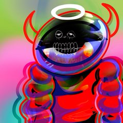 A vibrant, glossy digital illustration of a demonic, robotic character with red horns, a halo, and a wide, sinister grin against a multicolored background.