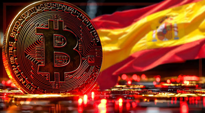 A large gold Bitcoin coin stands in the foreground against the backdrop of the Spanish flag, visually tying the cryptocurrency to Spain's reported leading crypto ownership rate of nearly 28% in Europe.