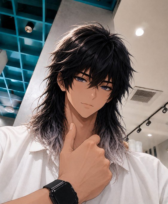 An anime-style illustration of a young man with long black hair and blue eyes giving a thumbs up, wearing a white shirt and black watch.