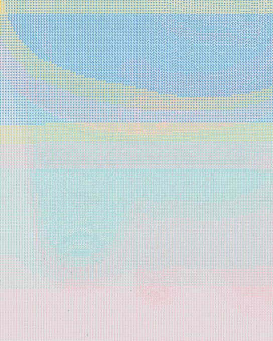 An abstract image with pastel blue, yellow, pink, and green horizontal bands featuring a pixelated or cross-stitched texture and a curved shape in the upper portion.