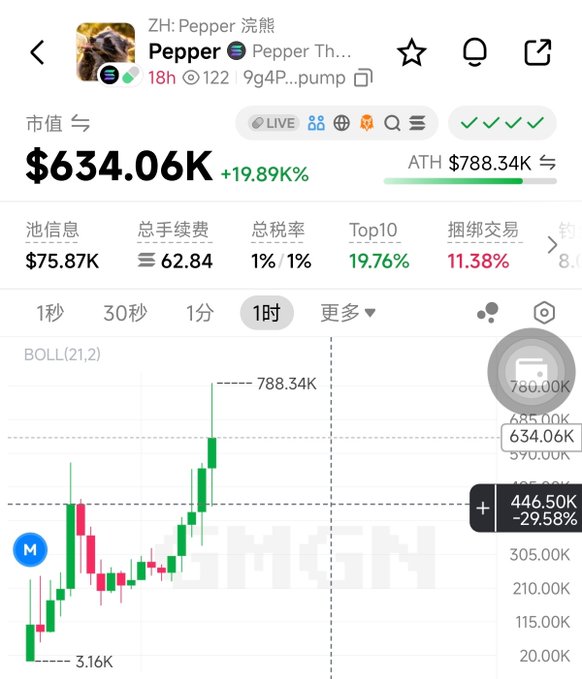 A trading chart in Chinese for the token 'Pepper' on the Pump.fun platform, showing a market cap of $634.06K with a +19.89K% increase and an all-time high of $788.34K.