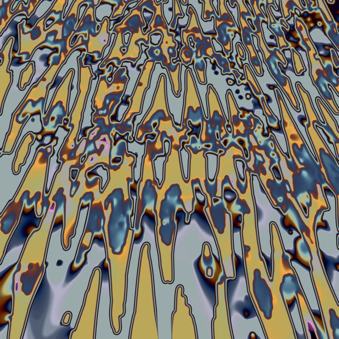 An abstract, distorted digital artwork featuring swirling iridescent patterns in yellow, blue, and gray tones. The post relates to the image as a free-to-claim NFT listed on OpenSea with the identifier "5477-171-23z0."