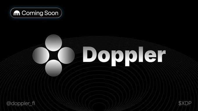 A minimalist dark promotional image for 'Doppler' displaying three interconnected circles with a 'Coming Soon' tag, alongside the handle @doppler_fi and ticker $XDP.