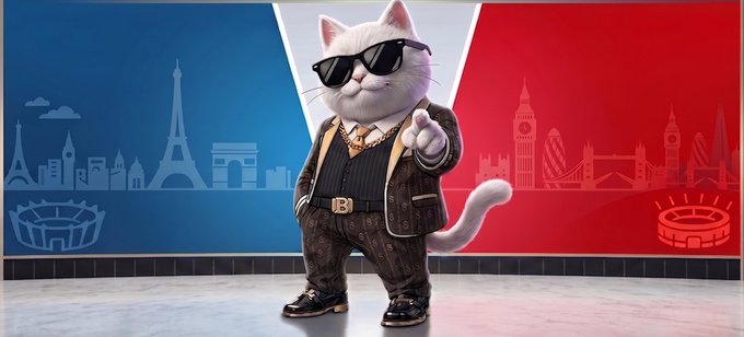 The image features a cartoon cat dressed up as a businessman wearing sunglasses and a suit. The cat is standing against a backdrop of various city buildings, including the Eiffel Tower. The caption for the image reads "Billy's Spoils: $BILL Airdrop Billy's been busy. The UCL Final hunt is on. 1. 
UCL Final hunt is complete, and the $BILL airdrop is complete, and the UCL Final hunt is on."