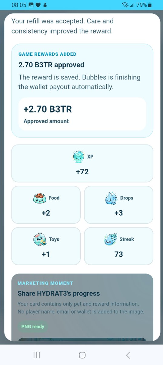 A mobile app screenshot showing game rewards added for 'HYDRAT3', with +2.70 B3TR approved amount, +72 XP, Food +2, Drops +3, Toys +1, and a 73-day Streak.