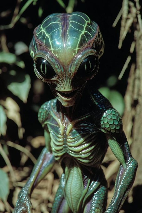 A 3D-rendered green alien figure with large black eyes and scaly, reptilian skin standing in a dark jungle environment.