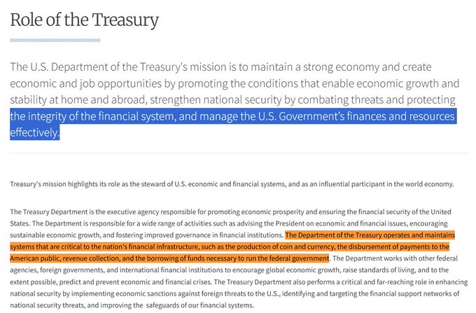 An article excerpt titled 'Role of the Treasury' explaining the U.S. Department of the Treasury's mission, with portions highlighted in blue and orange regarding managing finances and maintaining financial infrastructure.