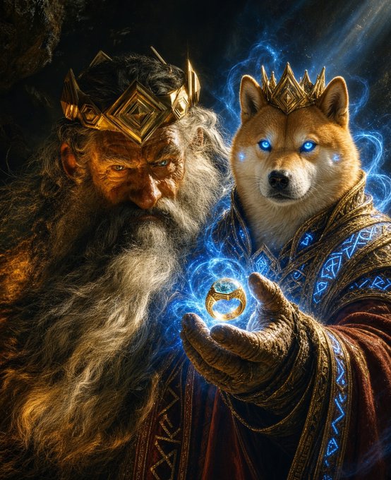 A fantasy illustration featuring a bearded dwarf king wearing a gold crown alongside a crowned Shiba Inu dog with glowing blue eyes, who holds a glowing magical ring.