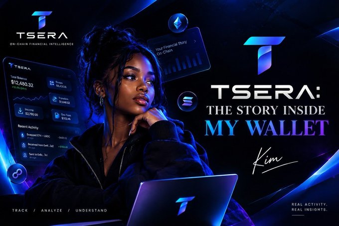 A promotional graphic for 'TSERA: ON-CHAIN FINANCIAL INTELLIGENCE' featuring a young woman at a laptop, with text 'THE STORY INSIDE MY WALLET' and 'TRACK / ANALYZE / UNDERSTAND'.