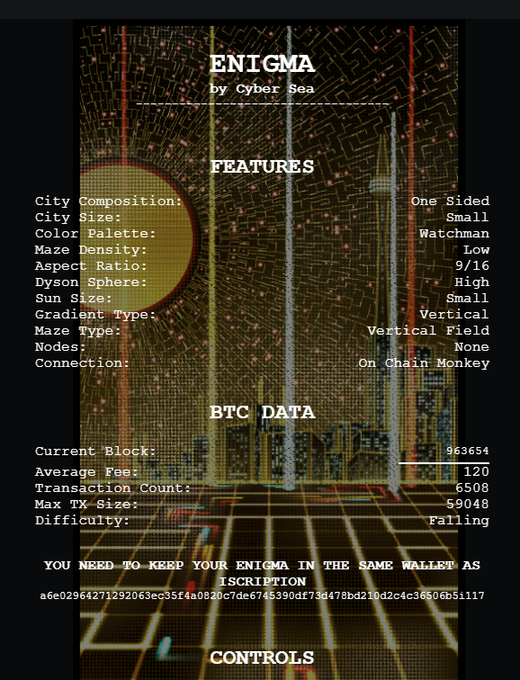 An information screen for an "ENIGMA by Cyber Sea" cryptocurrency/NFT project displaying its features (One Sided, Small, Watchman) and BTC data including Current Block 963654, Average Fee 120, and Transaction Count 6508, with instructions to keep the Enigma in the same wallet as the inscription.