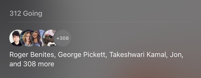A Facebook event attendee list screenshot showing '312 Going' with profile photos of Roger Benites, George Pickett, Takeshwari Kamal, Jon, and 308 more.