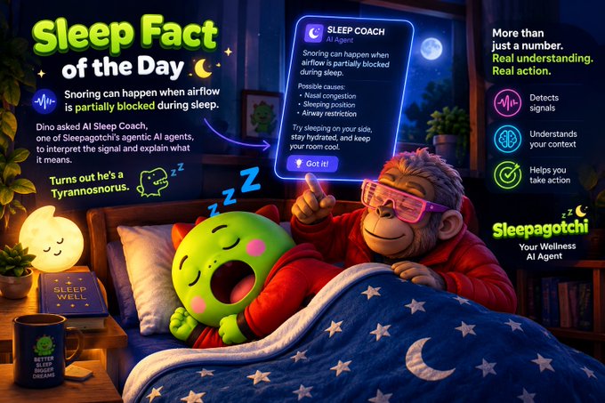 A promotional graphic for 'Sleepagotchi' featuring an AI 'SLEEP COACH' interpreting snoring signals, showing a cartoon dinosaur and monkey in bed under a starry blanket, with text 'Sleep Fact of the Day: Snoring can happen when airflow is partially blocked during sleep.'