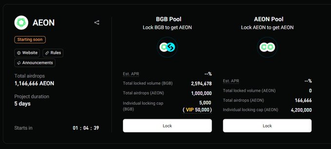A cryptocurrency dashboard for AEON displaying BGB Pool and AEON Pool options with a countdown timer of 01:04:39, showing 1,166,666 AEON in total airdrops over a 5-day project duration.