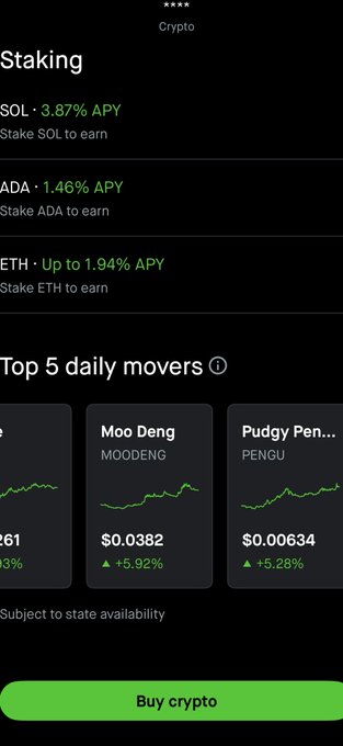A mobile app screenshot showing a 'Staking' section for crypto (SOL, ADA, ETH) and 'Top 5 daily movers' highlighting 'Moo Deng (MOODENG)' at $0.0382 with a +5.92% increase.