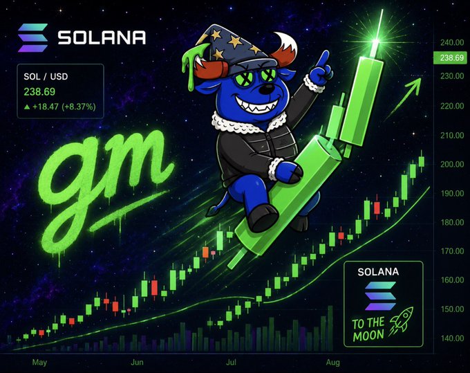 A Solana cryptocurrency promotional graphic featuring a blue cartoon character riding a green rocket, with 'SOL/USD 238.69', a price chart, and 'SOLANA TO THE MOON' text.