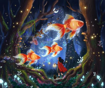 Fantasy illustration of a person in a red cloak in a magical forest watching glowing, oversized koi fish swim through the air under a starry night sky.