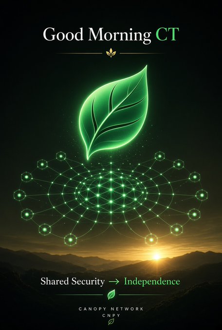 A green glowing leaf above a network diagram with text "Good Morning CT", "Shared Security → Independence", and "CANOPY NETWORK CNPY".
