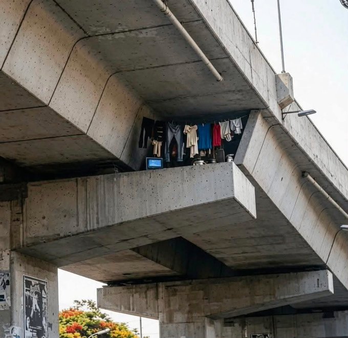 A surreal scene showing laundry and a small television set tucked into a makeshift living space built into the concrete underside of an overpass or elevated highway structure.