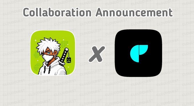 A "Collaboration Announcement" graphic featuring the Cloud Quest pixel-art ninja mascot alongside a teal logo, joined by an "X" to signify a partnership. The image ties into Cloud Quest's promotion of their 999 handcrafted pixel identity NFTs on Robinhood Chain, highlighting a collaboration with another project for collectors.
