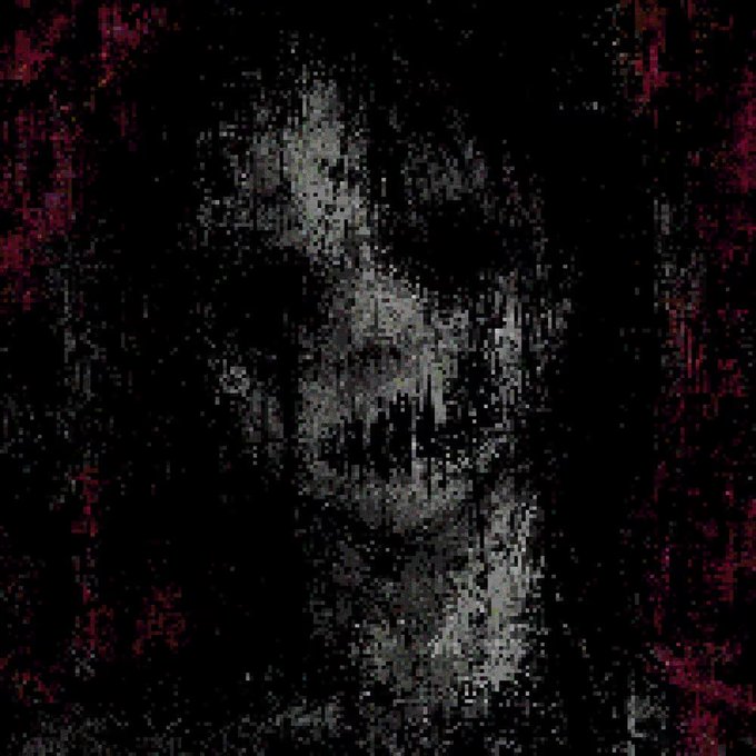 A dark, pixelated, glitchy grayscale image with red borders that is too distorted to identify a clear subject.
