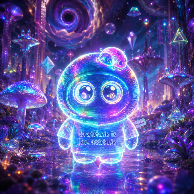 A vibrant, neon-colored digital artwork of a glowing cartoon character with large eyes in a fantastical mushroom-filled forest, with the text 'Gratitude is an attitude' on its body.