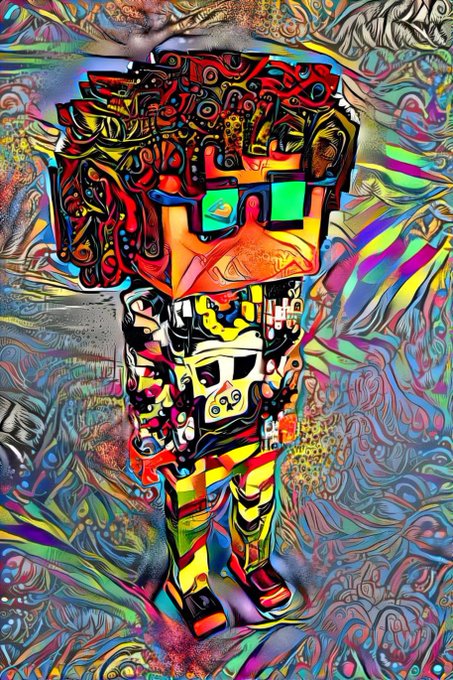 Vibrant, psychedelic digital artwork featuring an abstract, colorful character with geometric sunglasses and intricate, swirling patterns in bright reds, blues, greens, and yellows.