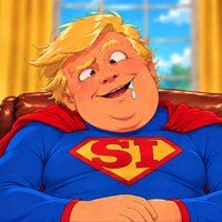 A cartoon depiction of a blond figure wearing a blue superhero costume with an 'SL' logo, drooling with a smiling expression.