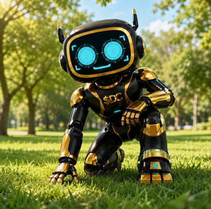 A sleek black and gold robot with glowing blue digital eyes crouches on lush green grass beneath sunny trees, featuring "$DC" displayed on its chest—directly tying into the "GM DC fam" greeting while humorously embodying the "Go touch grass" instruction.
